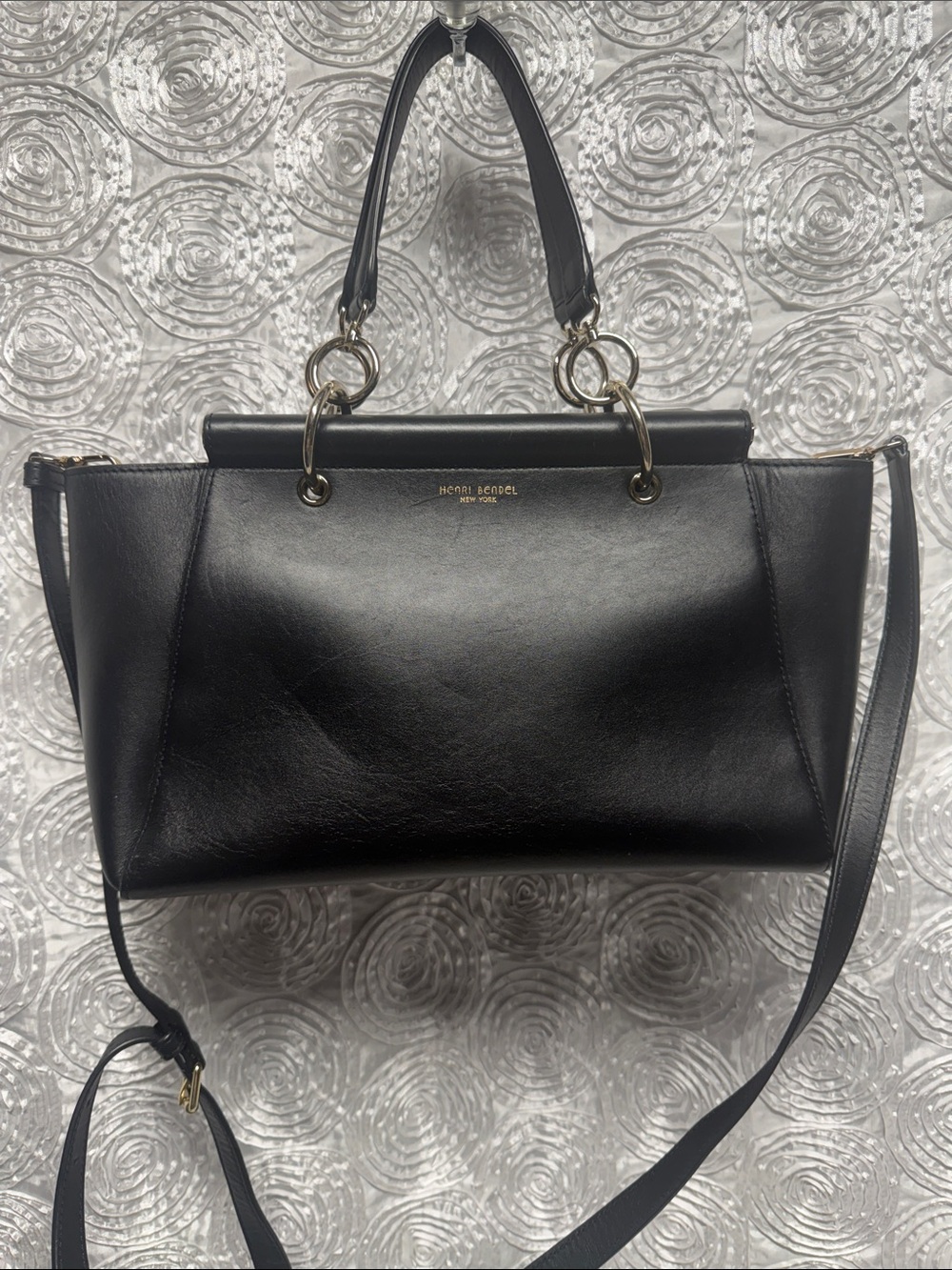henri bendel Black Leather Shoulder Satchel with Gold Hardware